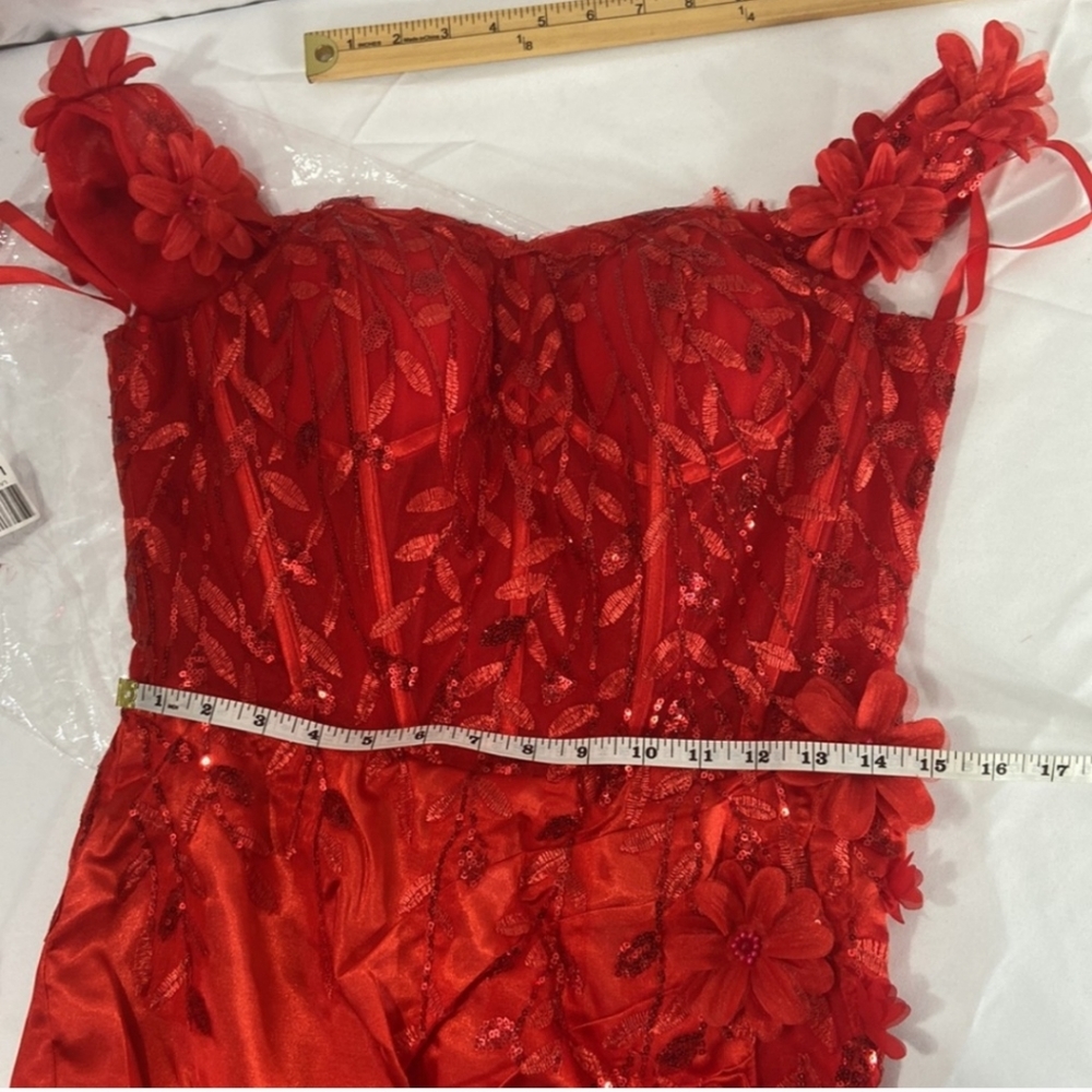 Off The Shoulder Lace Adorned Bodice Evening Dress - Picture 2 of 9